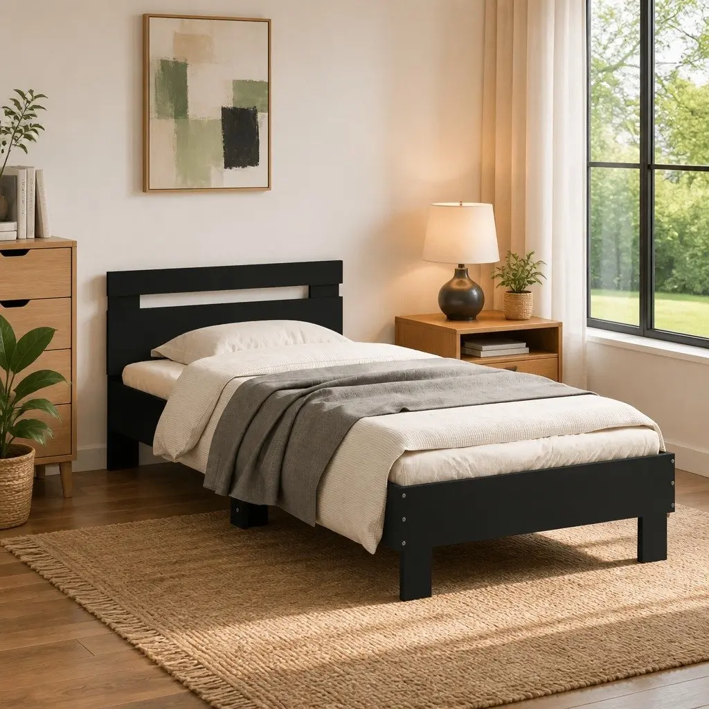 Bed Frame Engineered Wood 90x190 cm Black with Headboard
