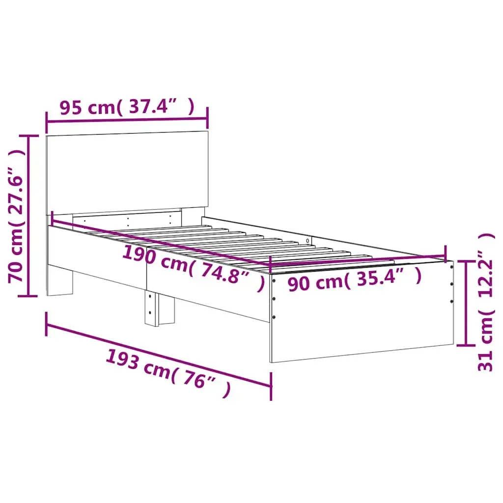 Bed Frame with Headboard Engineered Wood 90x190 cm Sonoma Oak Brown Slatted Base