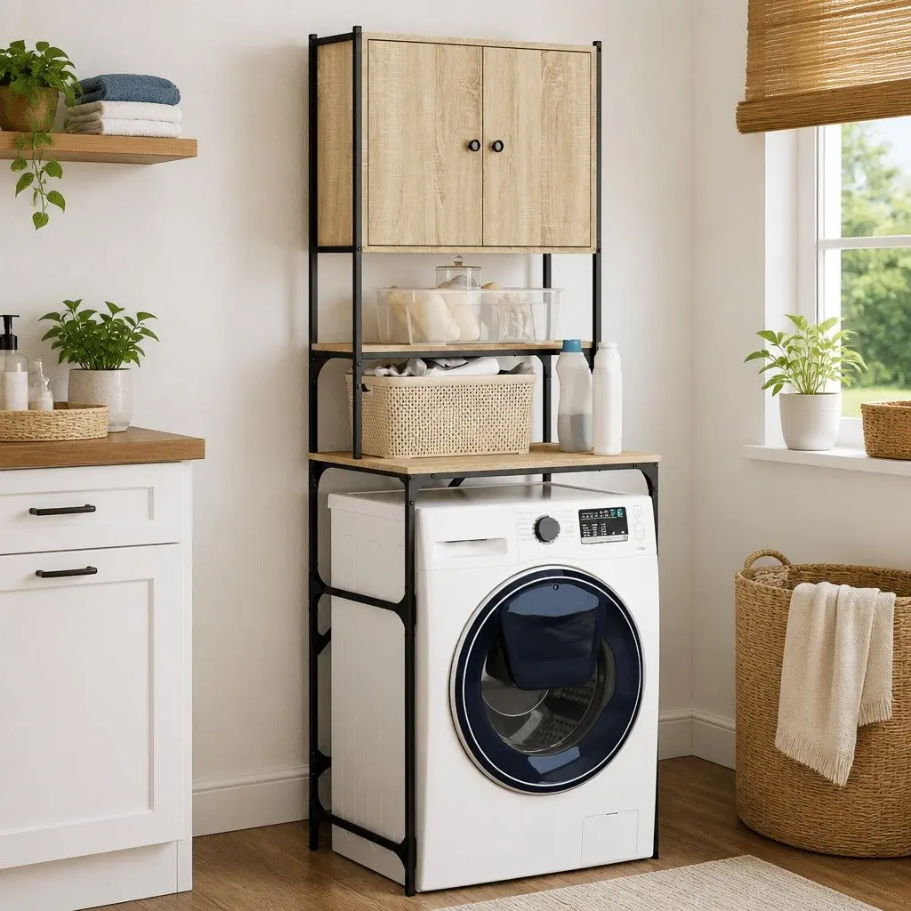 Washing Machine Cabinet Engineered Wood 68 x 48.5 x 194 cm Sonoma Oak Bathroom Storage Organiser