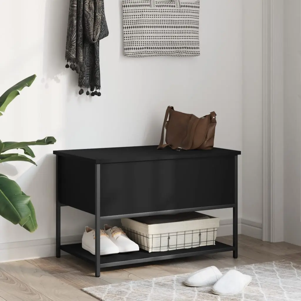 Black Storage Bench Engineered Wood Metal Frame 70x42.5x47cm for Entryway Hallway Seating and Organising with Spacious Storage Compartment and Lower