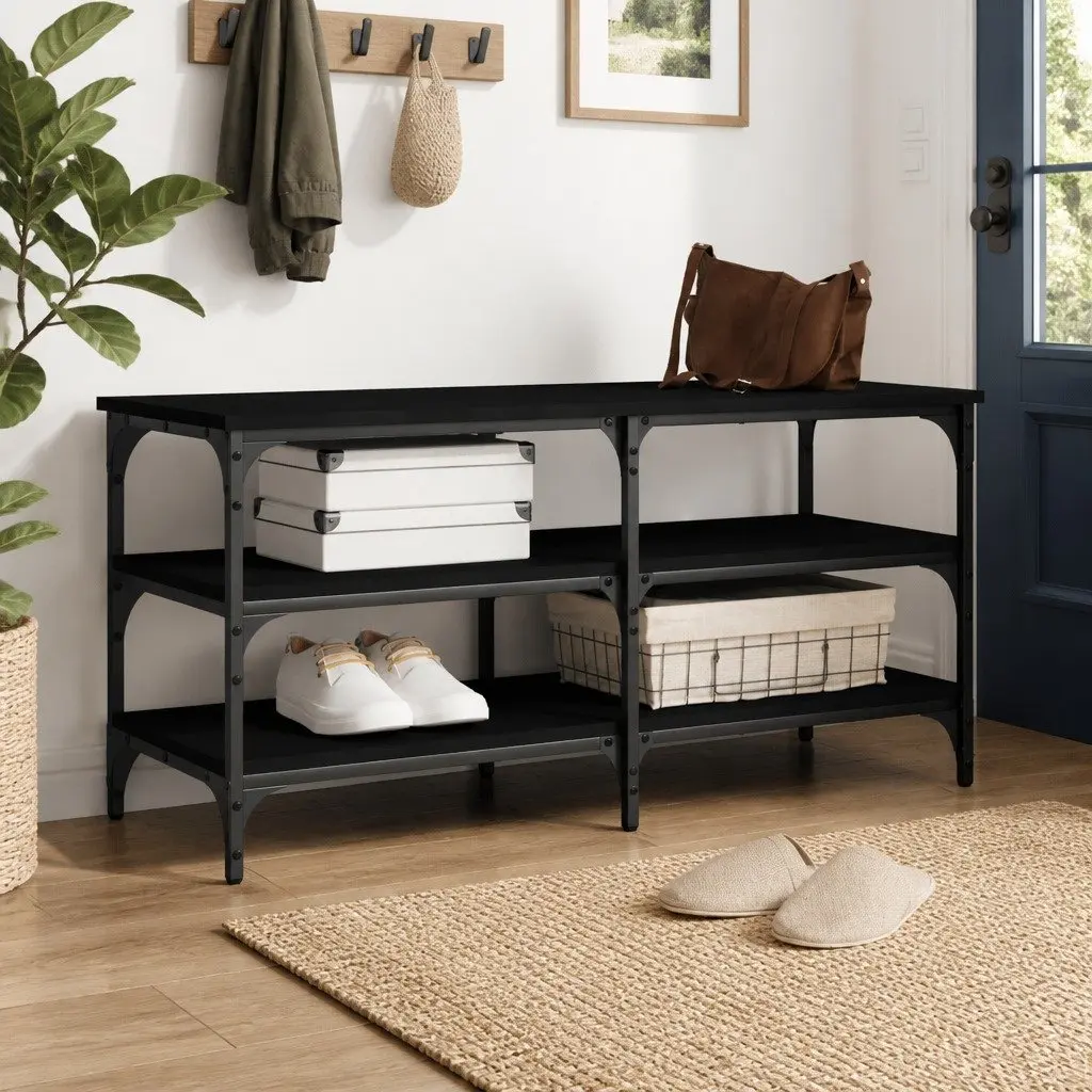 Shoe Bench Storage Engineered Wood Metal Frame 100x38.5x49cm Black 3-Tier Shelves