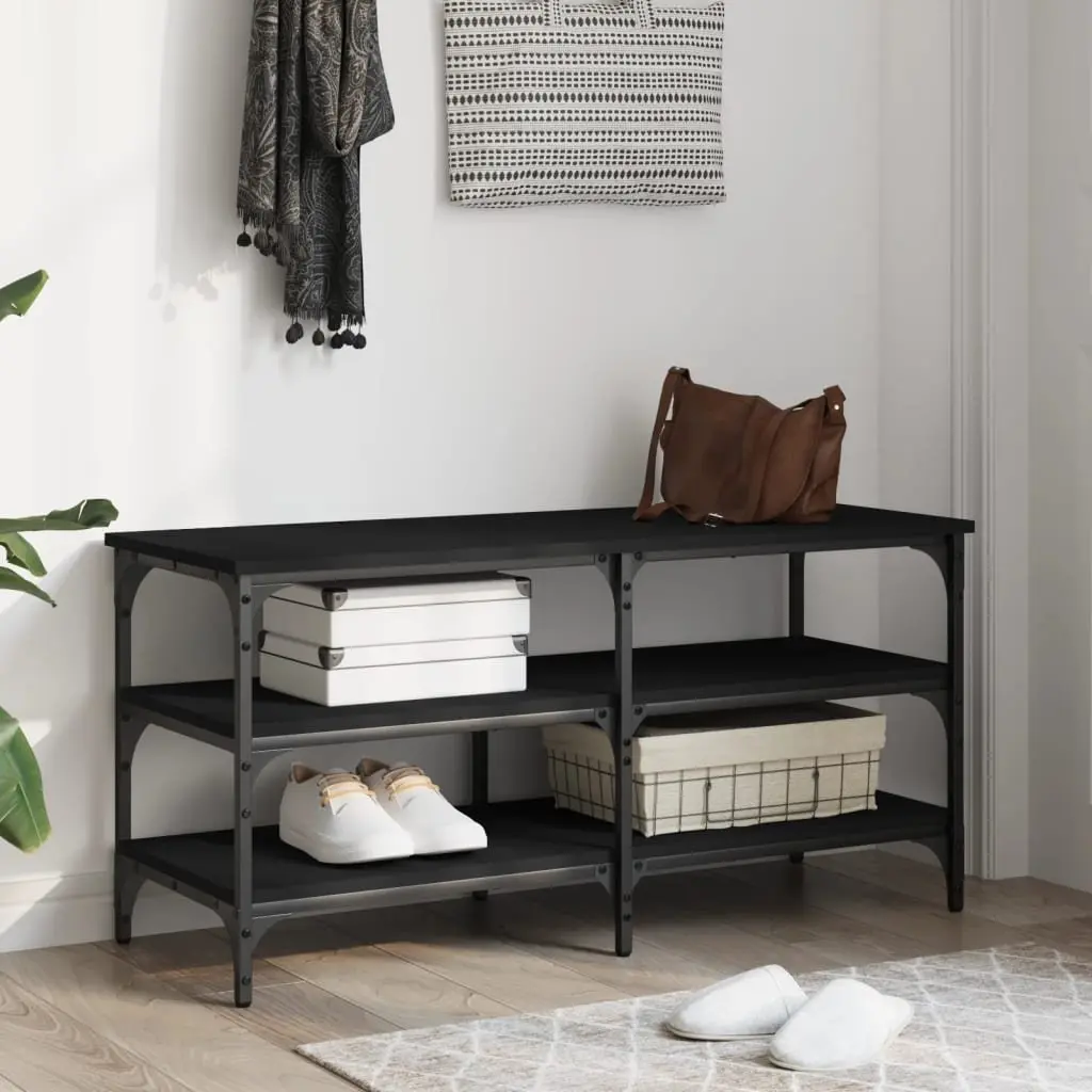 Shoe Bench Storage Engineered Wood Metal Frame 100x38.5x49cm Black 3-Tier Shelves