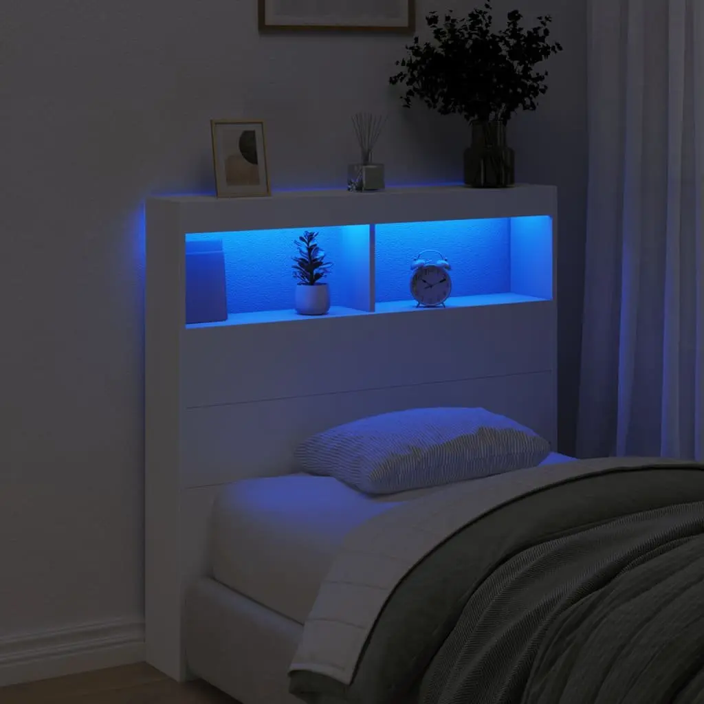 RGB LED Headboard Cabinet White 100cm Engineered Wood Modern Storage with Compartment for Bedroom