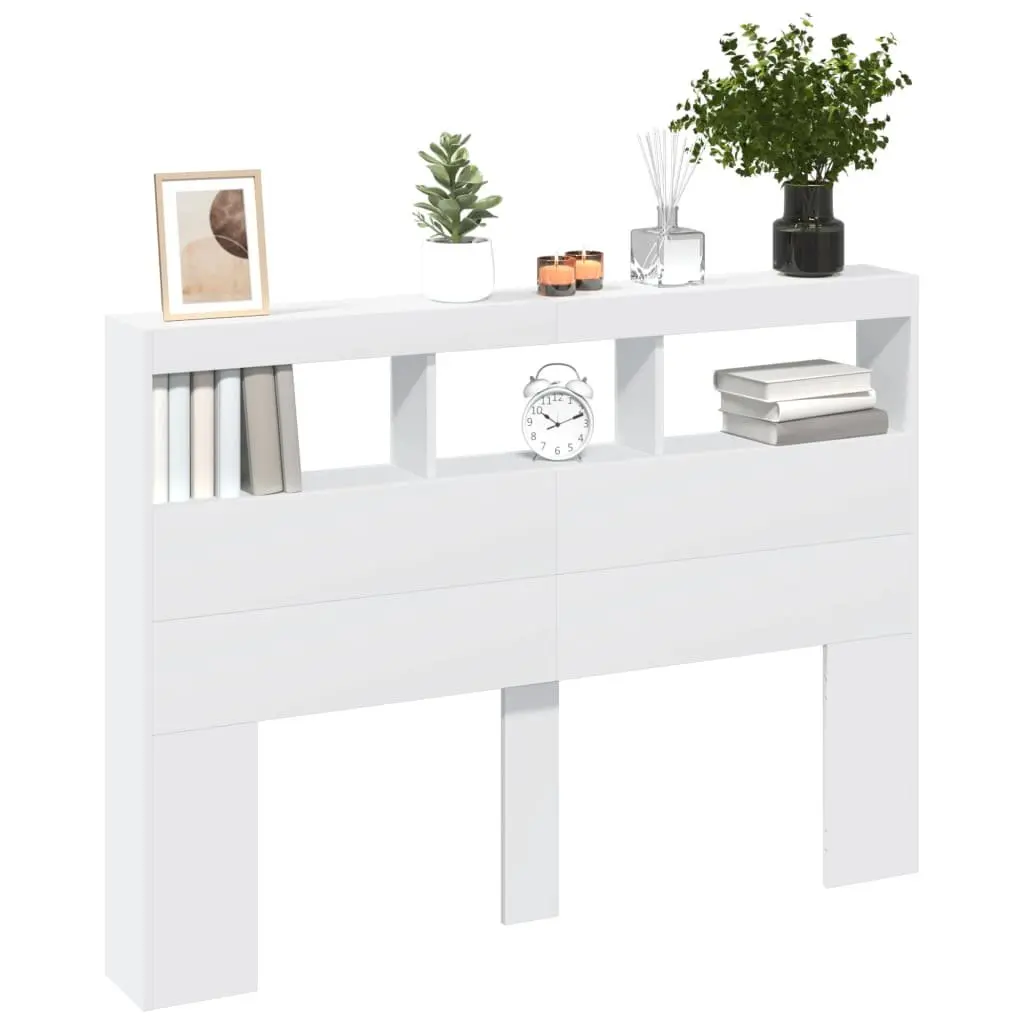 Headboard Cabinet with RGB LED Lights White 140 cm Modern Bedroom Storage