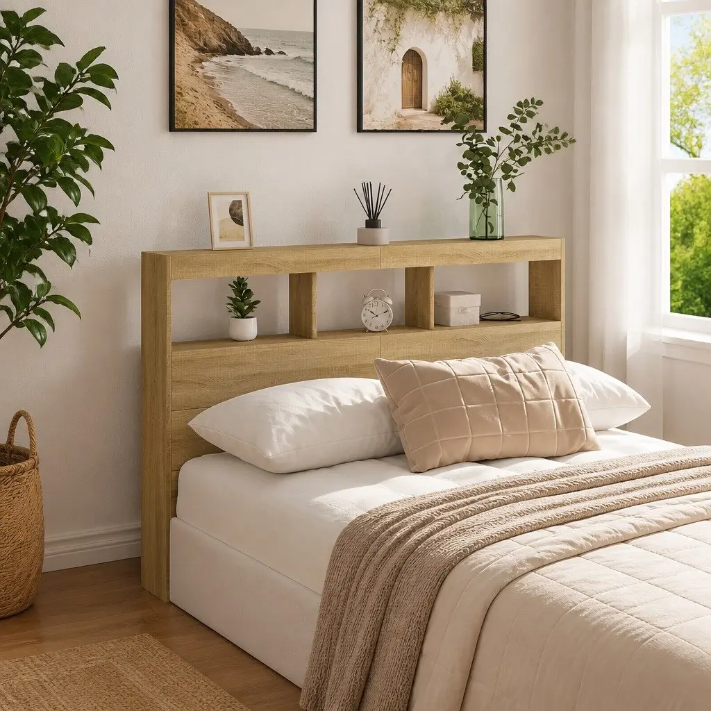 Sonoma Oak Headboard Cabinet 140cm Storage RGB LED Lights Engineered Wood Bedroom Furnishing