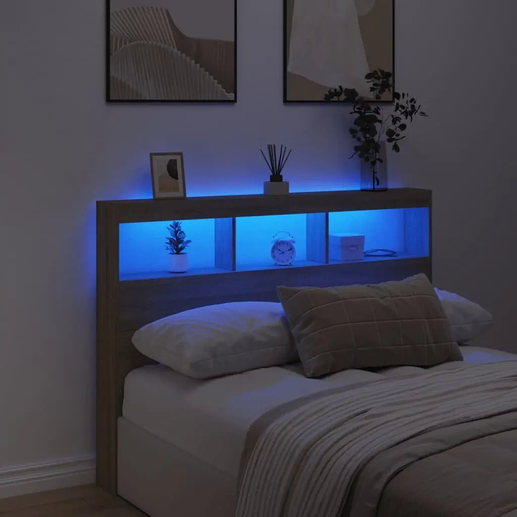 Sonoma Oak Headboard Cabinet 140cm Storage RGB LED Lights Engineered Wood Bedroom Furnishing
