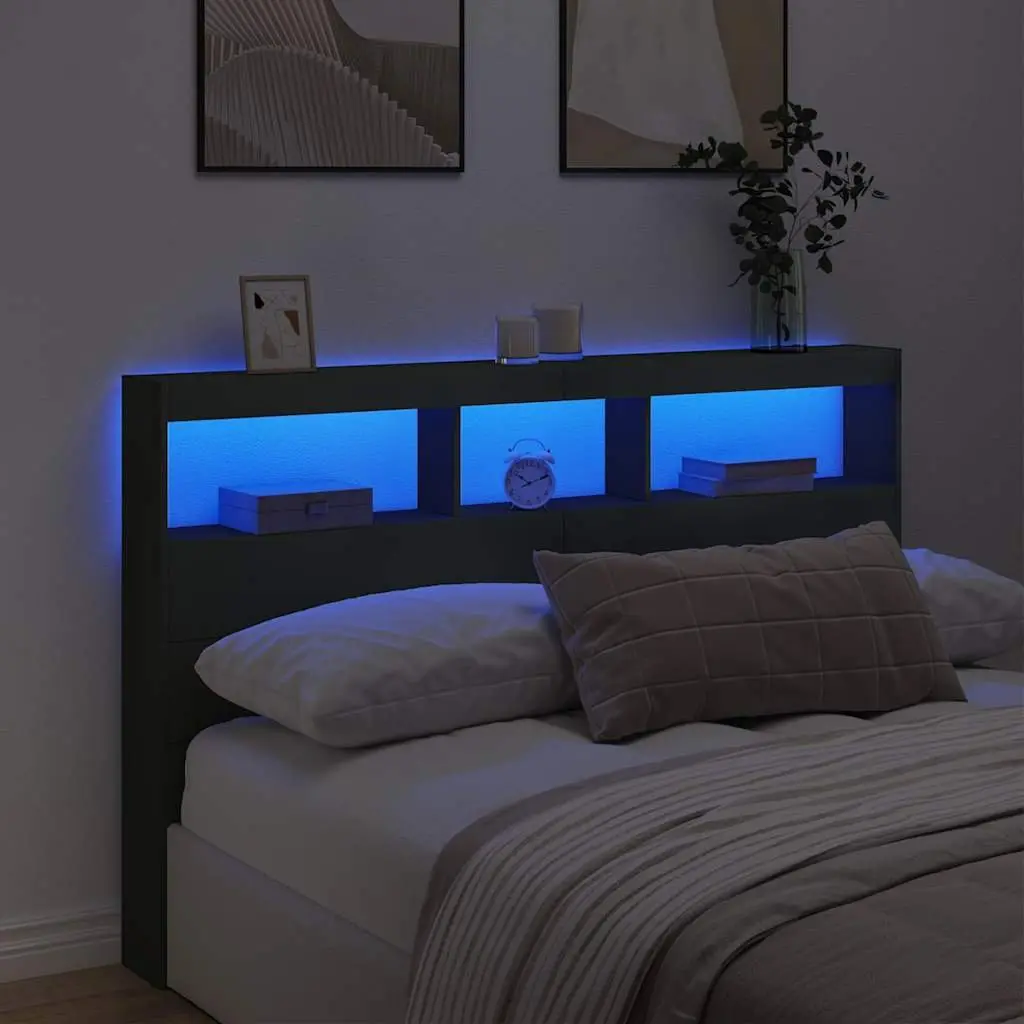 Bedside Headboard Cabinet Storage Engineered Wood Black with RGB LED Lighting 160x17x102cm