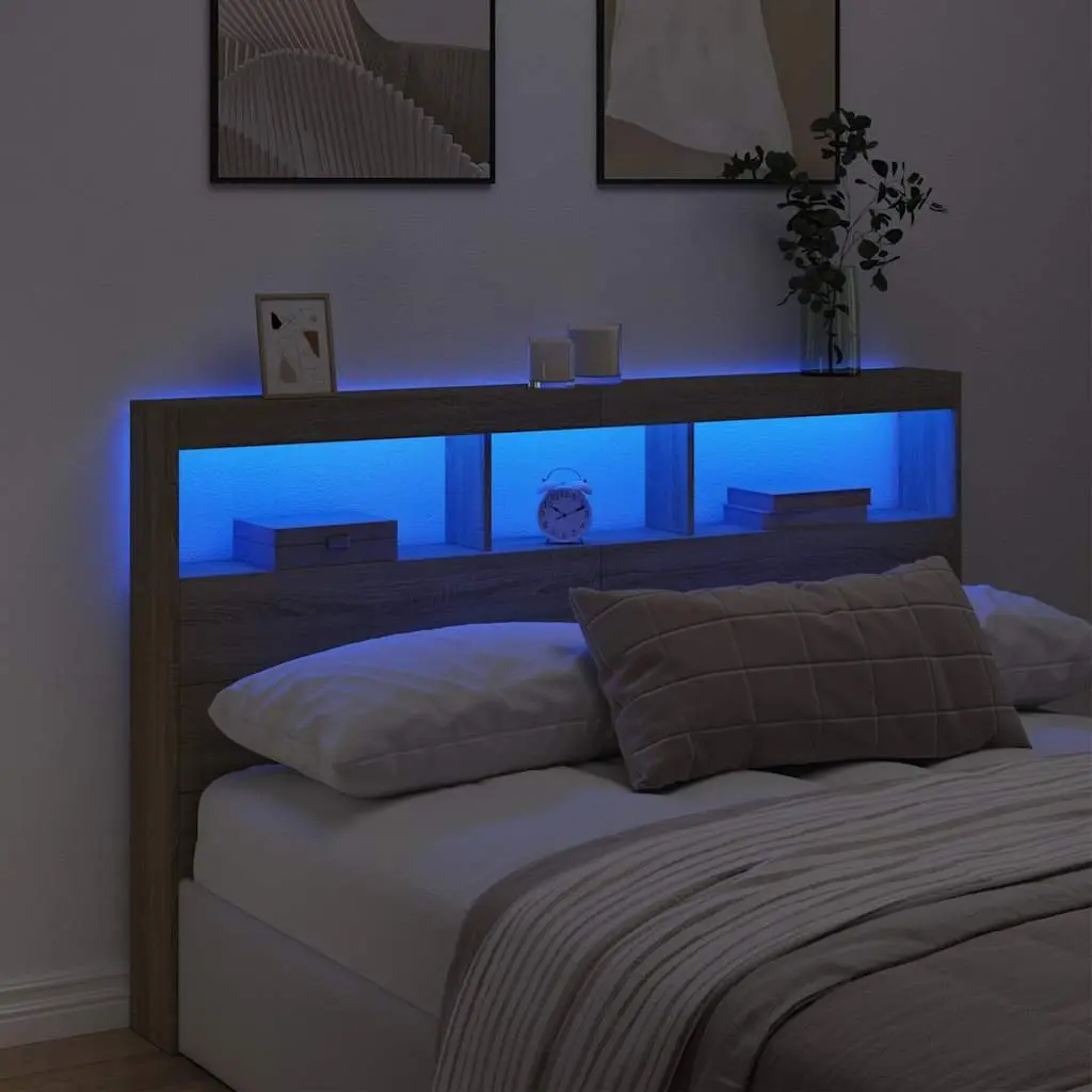 RGB LED Headboard Cabinet Brown Engineered Wood 160cm with Storage Compartment for Bedroom Furniture