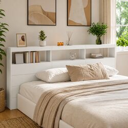 Practical White LED Headboard Cabinet 220x17x102cm for Your Bedroom