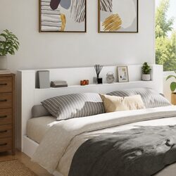 Functional White Headboard Cabinet with Open Shelf & Lights