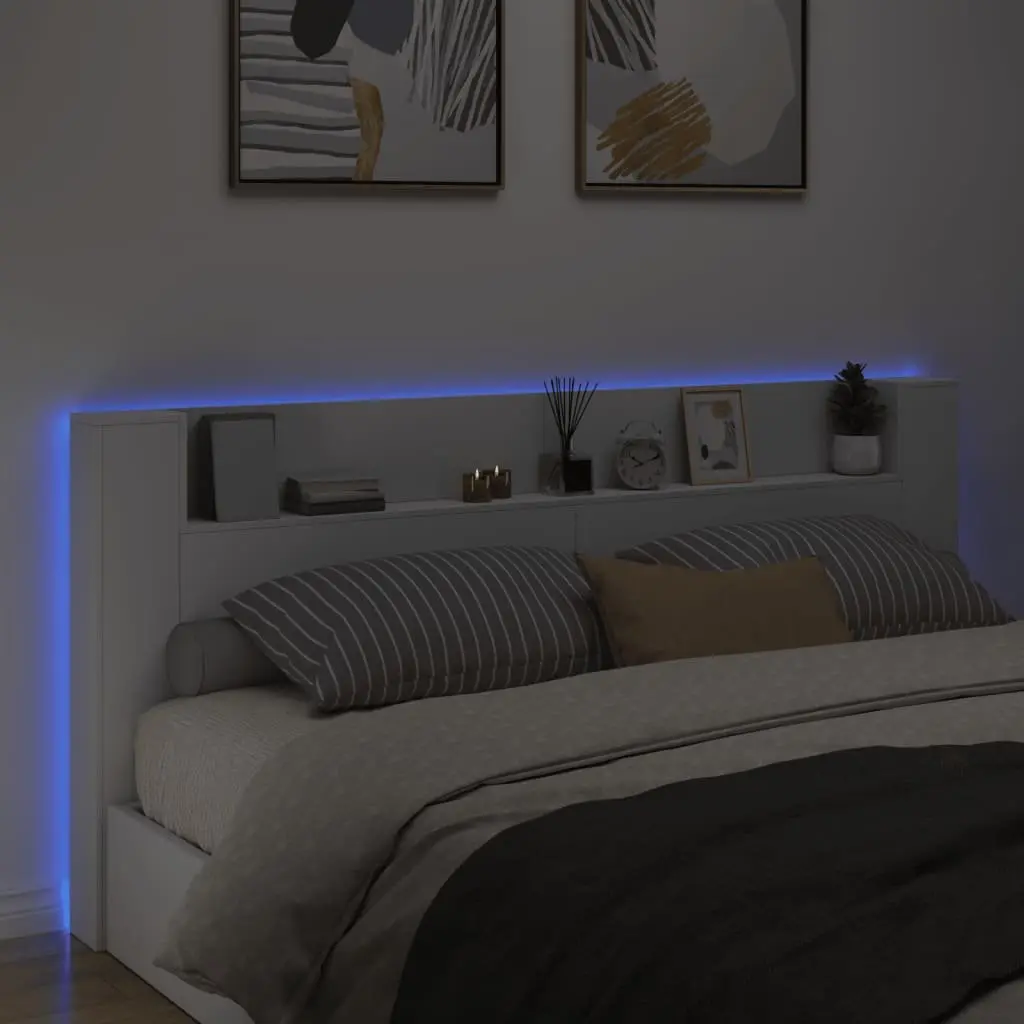 Headboard Cabinet Engineered Wood 220cm White with RGB LED Lights
