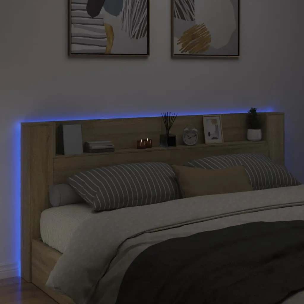 Headboard Cabinet Brown Engineered Wood Open Shelf Storage RGB LED Lights 220x16.5x103.5cm