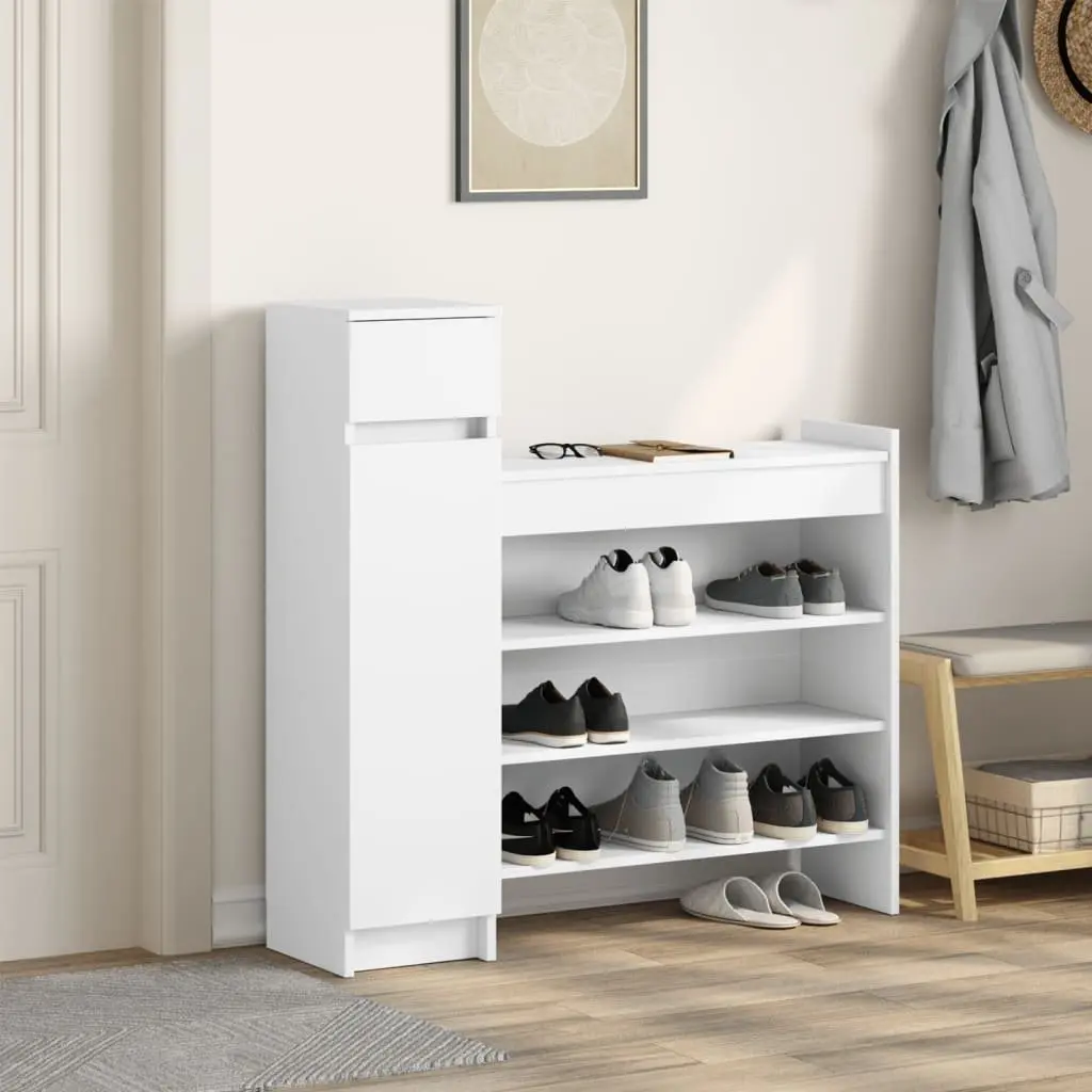 Shoe Organiser Cabinet White Engineered Wood 100.5x28x100cm Storage with Drawer and Shelves for Footwear and Accessories