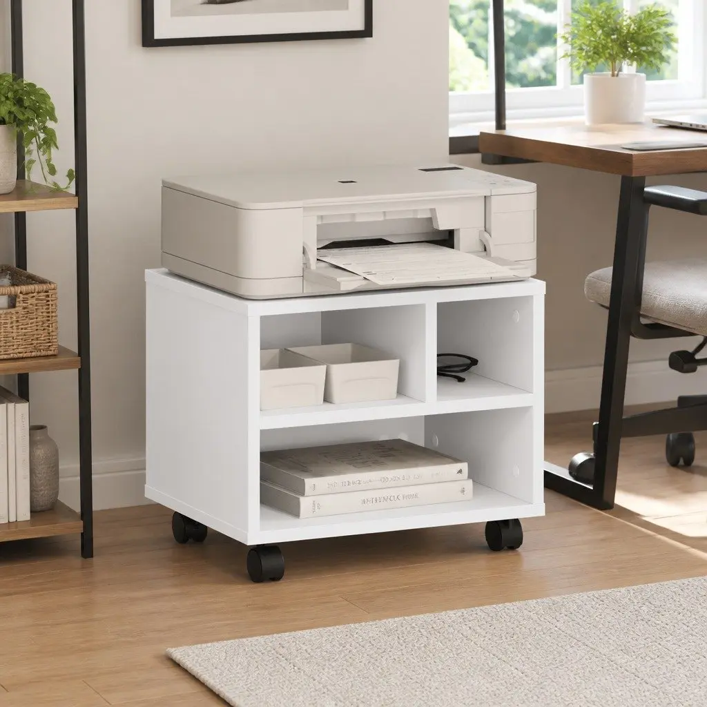 Mobile Office Desk Printer Stand Engineered Wood White Storage Organizer with Wheels 41x32x34.5cm