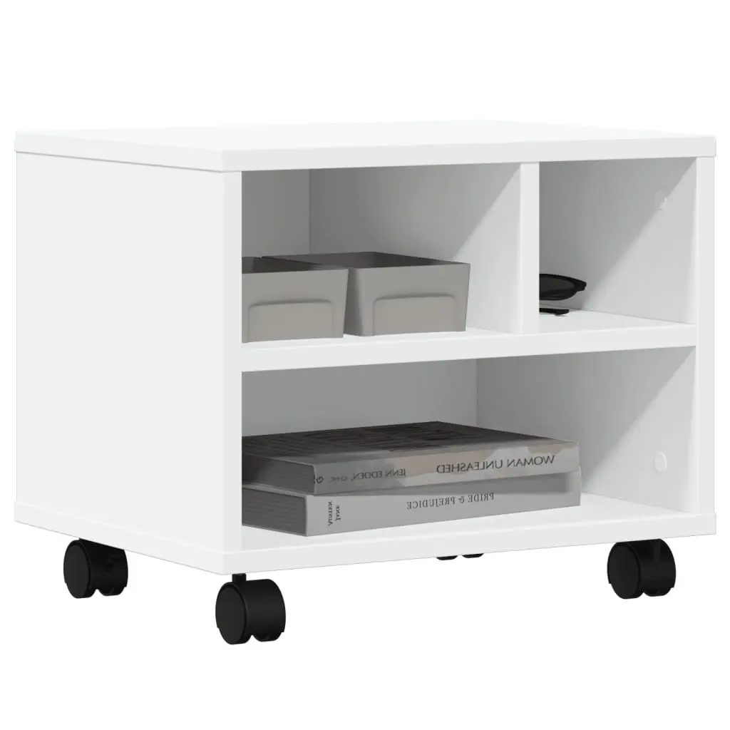 Mobile Office Desk Printer Stand Engineered Wood White Storage Organizer with Wheels 41x32x34.5cm