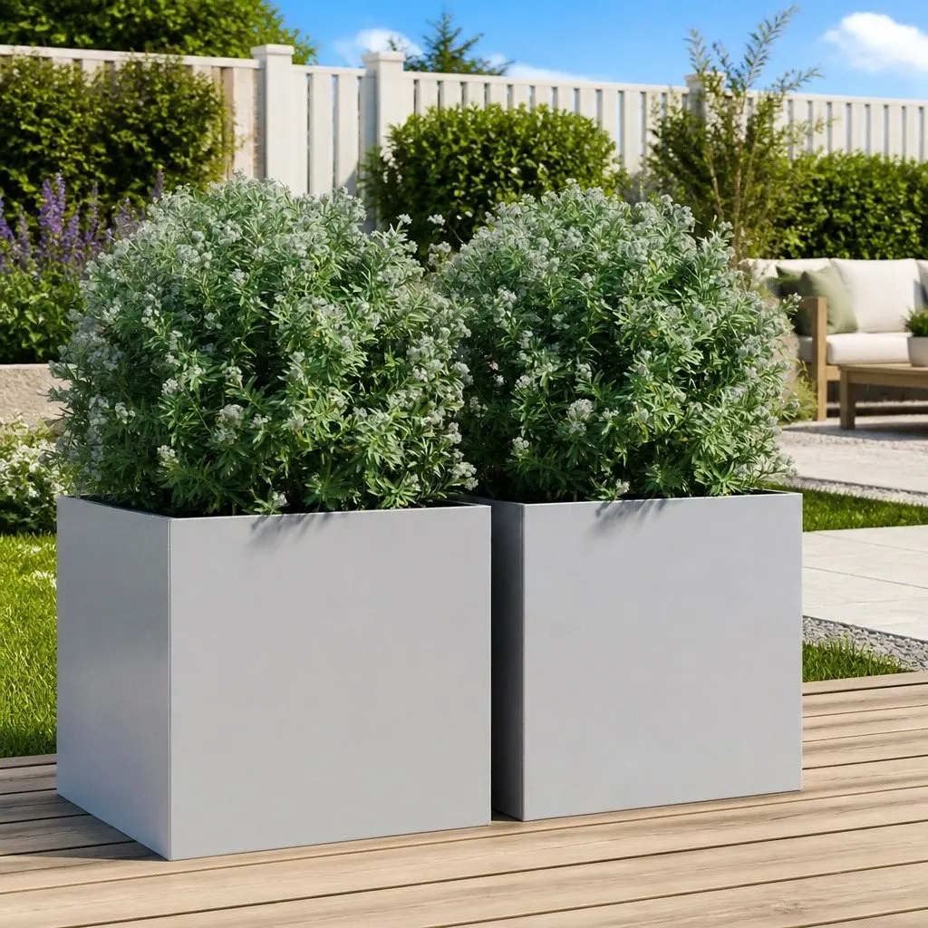 Garden Planters Set of 2 Silver Galvanised Steel Outdoor Pots 42x40x39cm