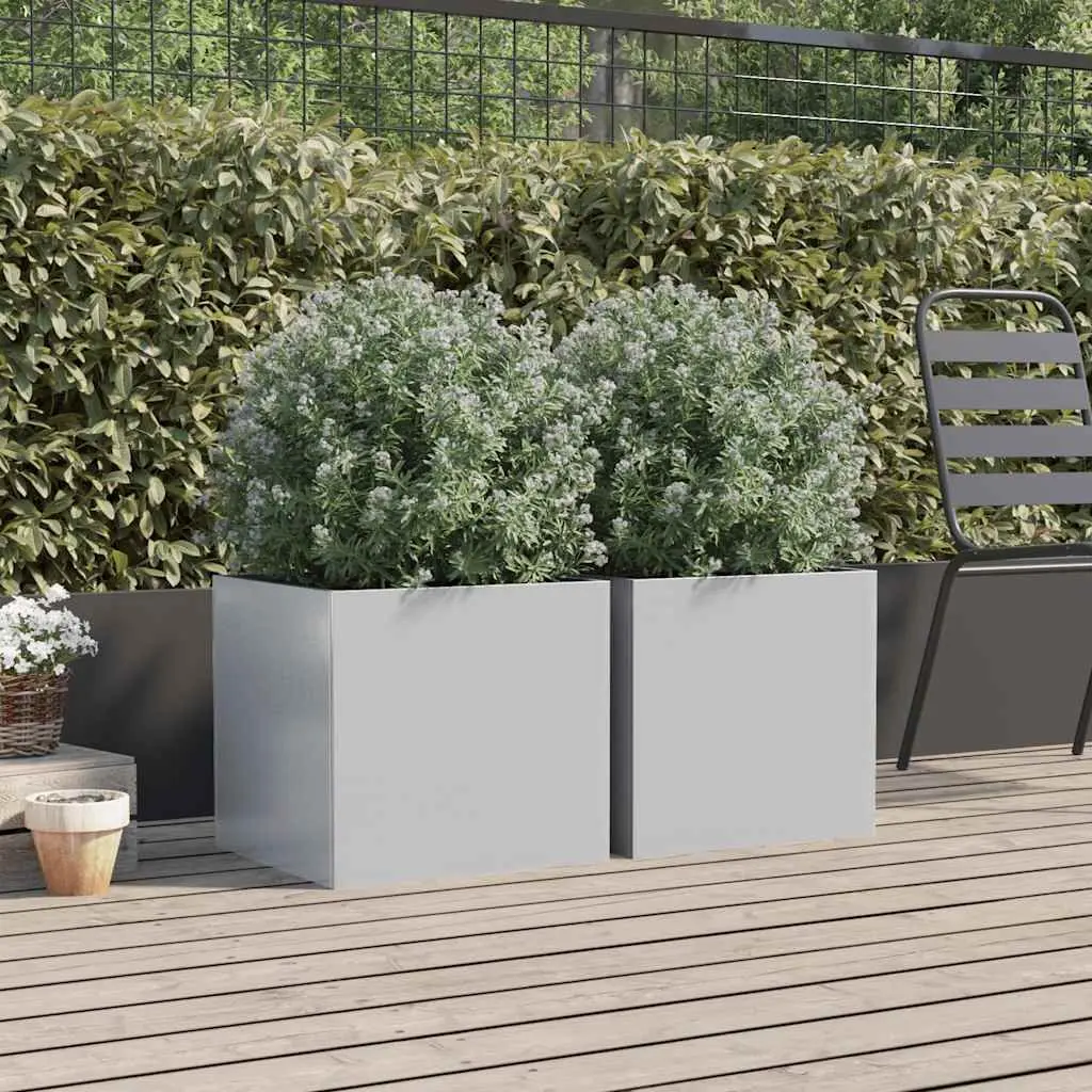 Garden Planters Set of 2 Silver Galvanised Steel Outdoor Pots 42x40x39cm