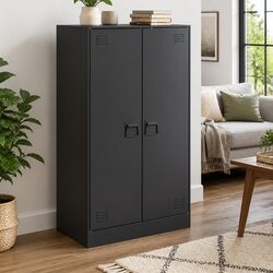 Black Sideboard Storage Cabinet with Steel Frame and Handles 67x39x107cm