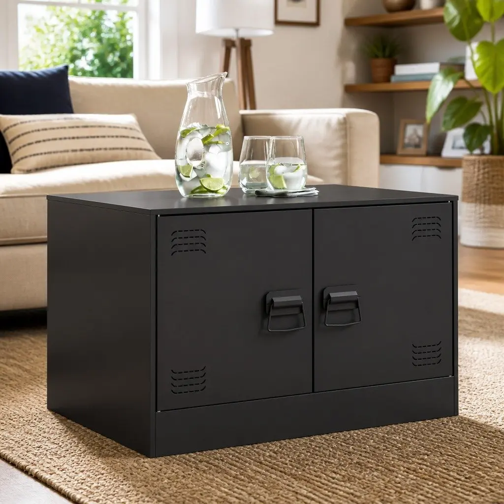Coffee Table Black Modern Design Storage Shelves Living Room Furniture