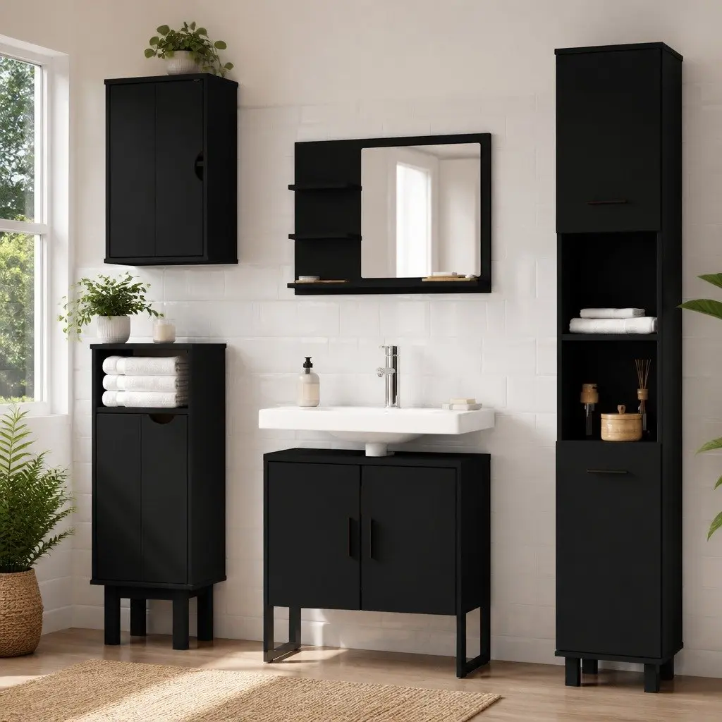 Bathroom Vanity Cabinet Black Under Sink Storage Engineered Wood Modern Design