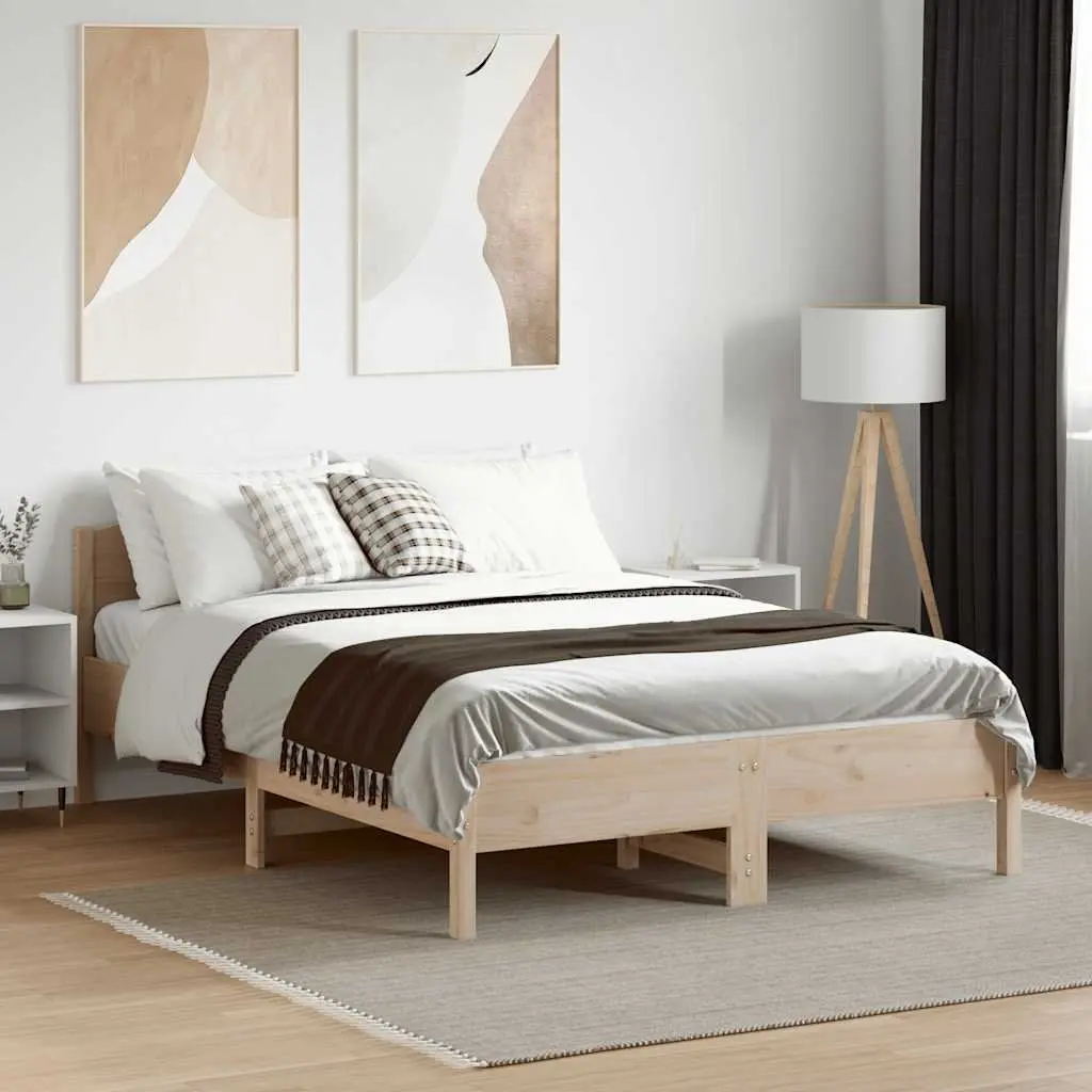 Bed Frame 135x190 cm Solid Pine Wood Slatted Base Bedroom Furniture Brown