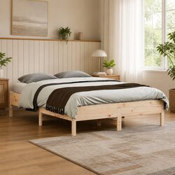 Bed Frame 135x190 cm Solid Pine Wood Slatted Base Brown Bedroom Furniture