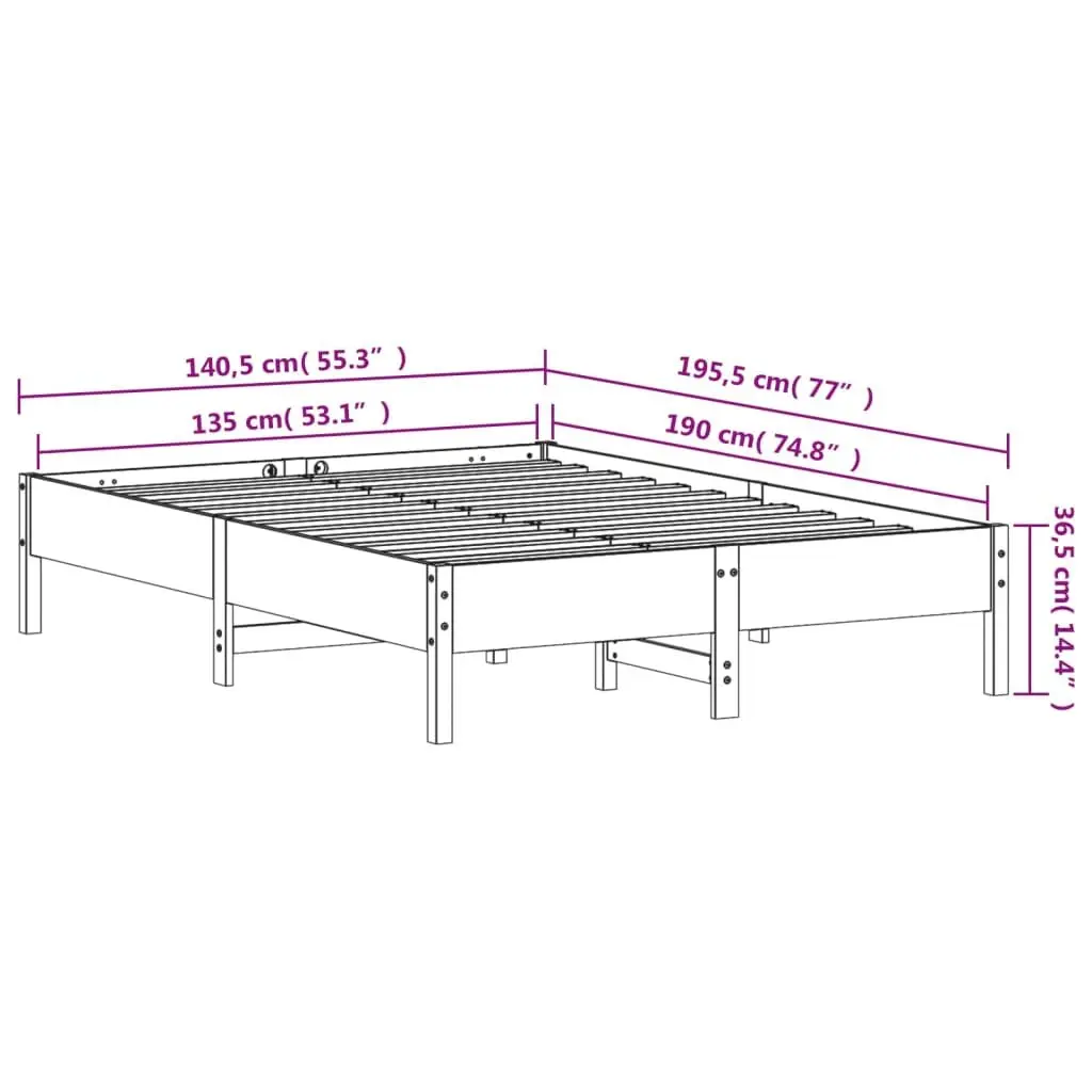 Pine Wood Bed Frame Brown Slatted Base 135x190cm Sturdy Construction for Bedroom