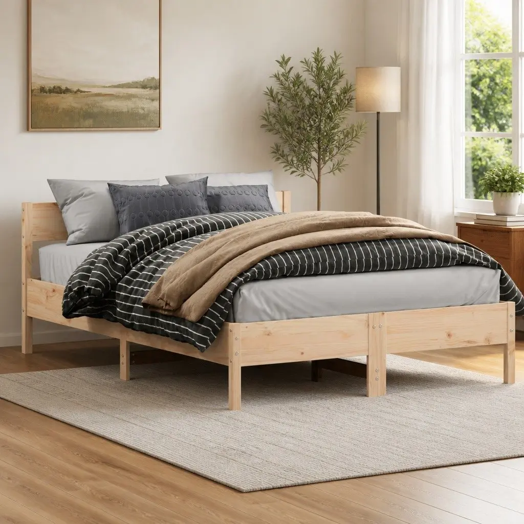 Bed Frame Solid Pine Wood Slatted Base Brown 150x200 cm Durable Bedroom Furniture
