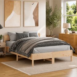 Bed Frame 135x190 cm Solid Pine Wood Slatted Base Bedroom Furniture Brown