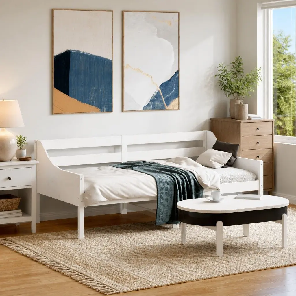 Day Bed Frame Solid Pine Wood 90x190 cm White Sofa Bed with Guardrails Slats