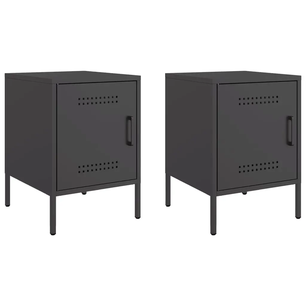 Industrial Nightstand Set 2 Piece Black Steel Bedside Storage Table