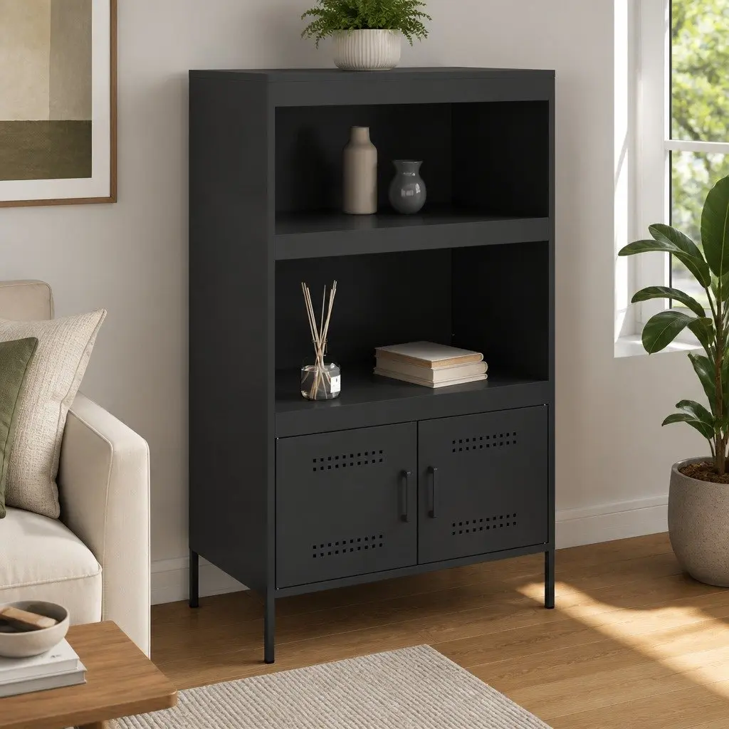 Highboard Storage Cabinet Steel Black Industrial Style 68 x 39 x 113 cm