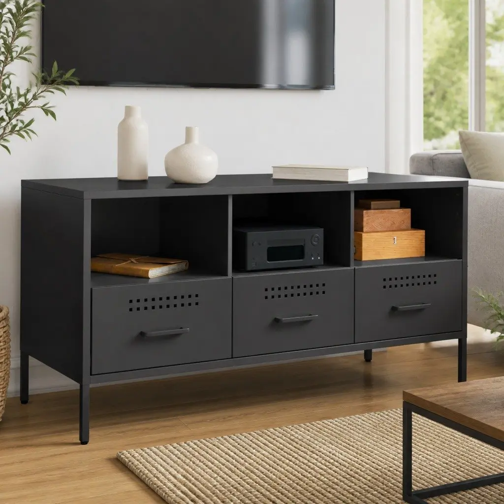 TV Cabinet Black Industrial Style Steel Frame Living Room Storage Unit 100.5cm