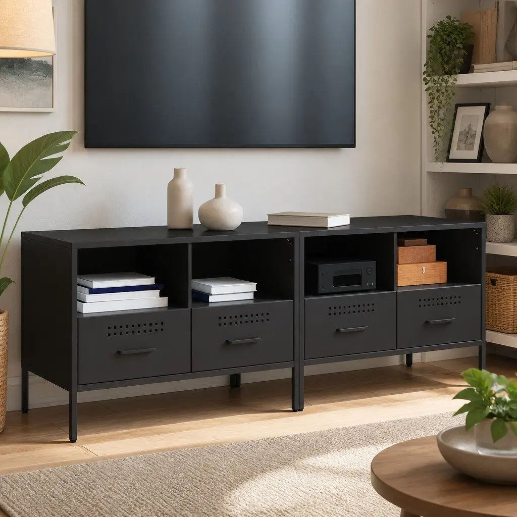 TV Cabinets 2 pcs Black Industrial Storage Unit Steel Frame Living Room Bedroom