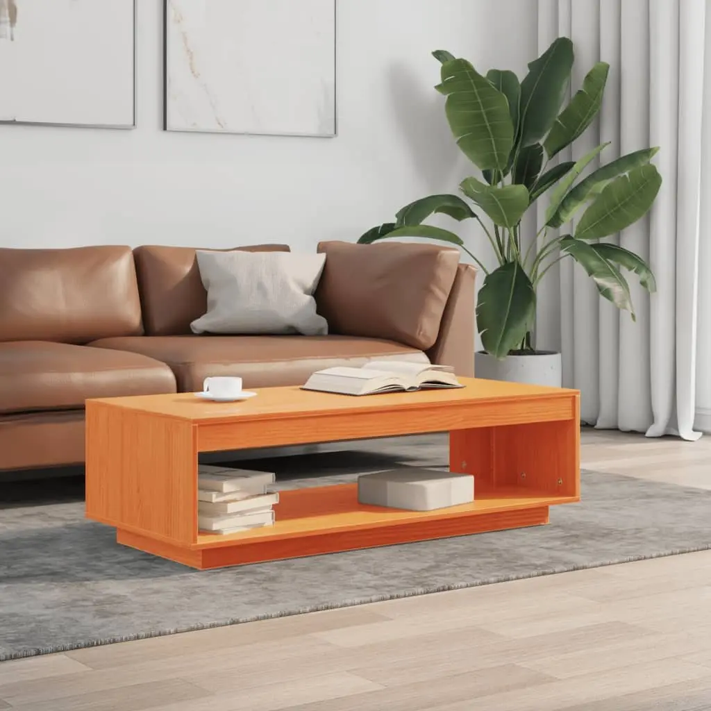 Solid Pine Wood Coffee Table with Storage Shelf Brown Living Room Accent