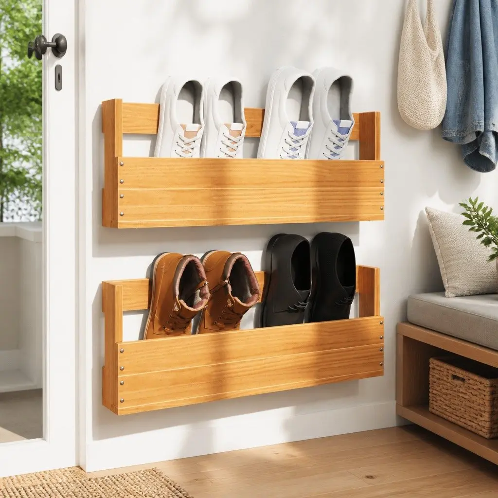 Shoe Rack Organizer Solid Pine Wood Brown Wall-Mounted 2 Pieces Space Saving
