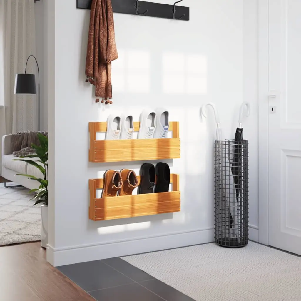 Shoe Rack Organizer Solid Pine Wood Brown Wall-Mounted 2 Pieces Space Saving