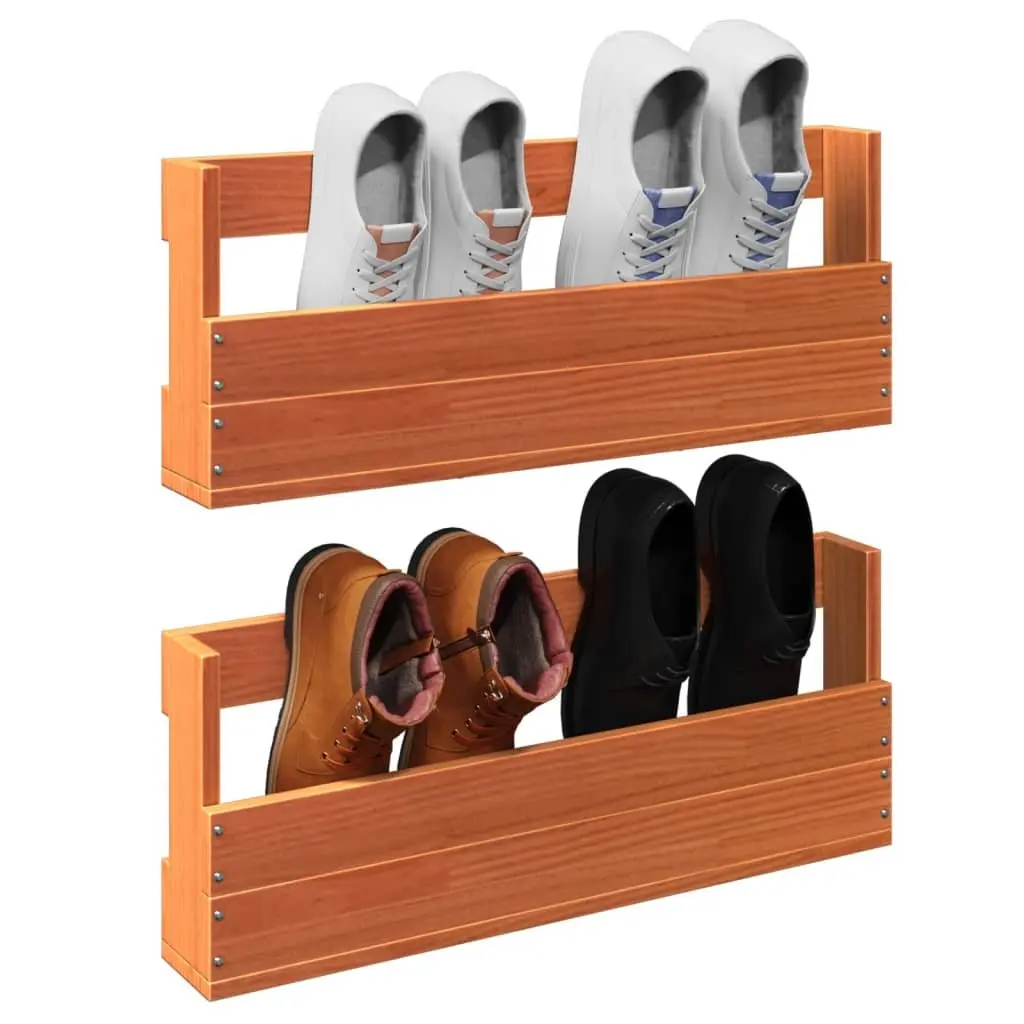 Shoe Rack Organizer Solid Pine Wood Brown Wall-Mounted 2 Pieces Space Saving