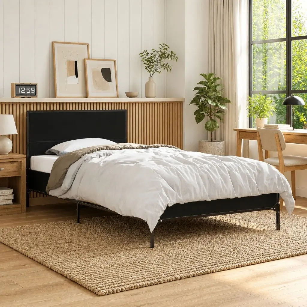 Bed Frame Engineered Wood 90x190cm Black with Metal Legs Plywood Slats and Headboard
