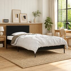Black Bed Frame 90x190 cm Engineered Wood Metal Legs Plywood Slats Headboard