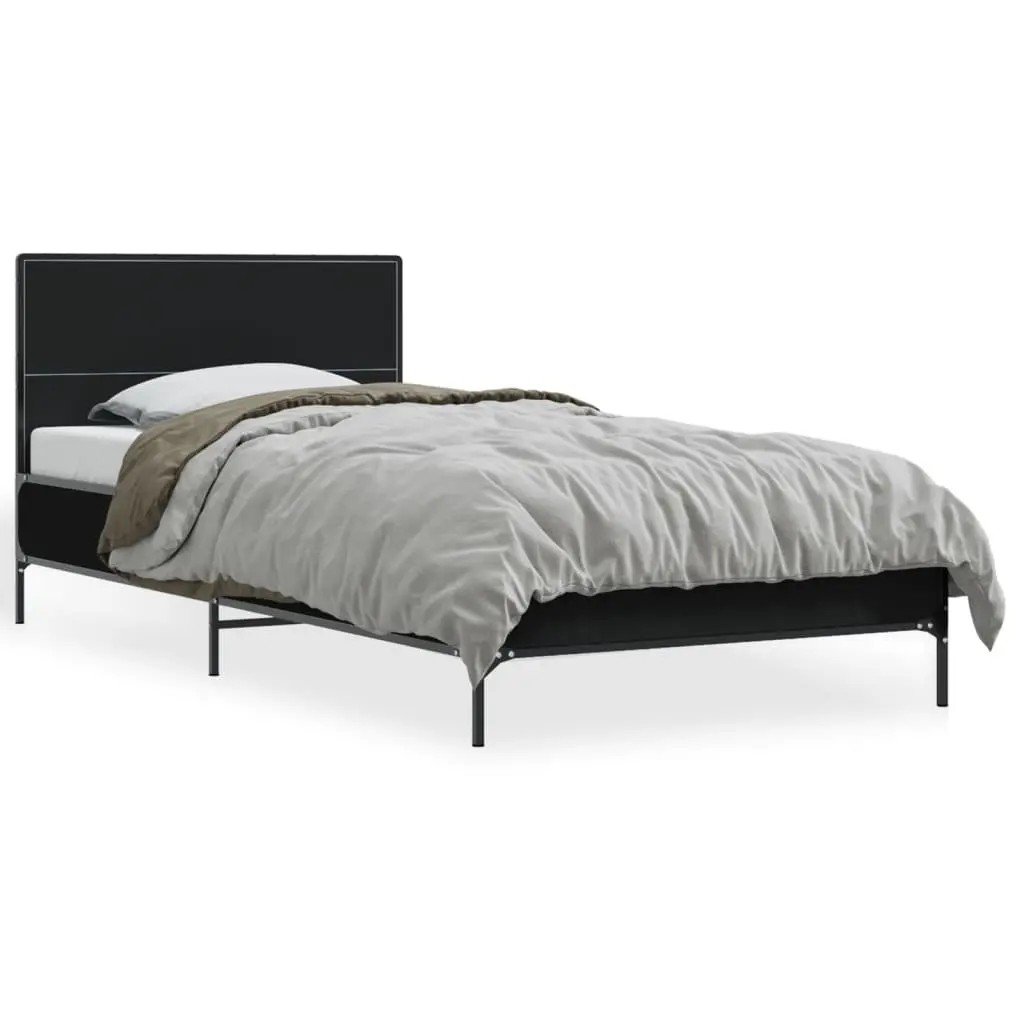 Bed Frame Engineered Wood 90x190cm Black with Metal Legs Plywood Slats and Headboard