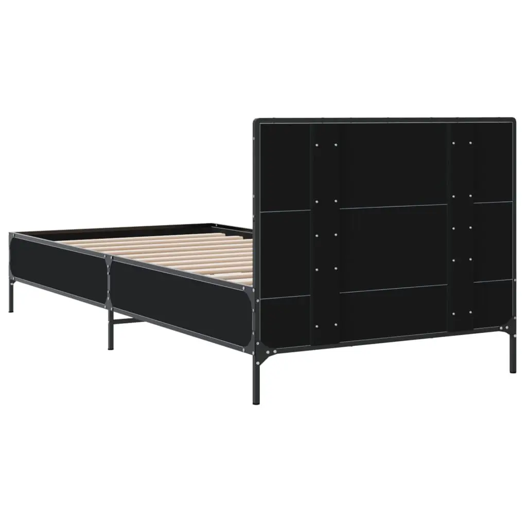 Bed Frame Engineered Wood 90x190cm Black with Metal Legs Plywood Slats and Headboard