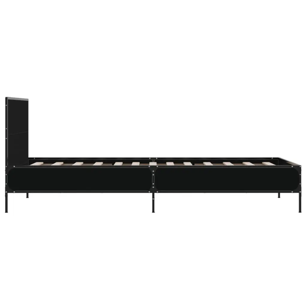 Bed Frame Engineered Wood 90x190cm Black with Metal Legs Plywood Slats and Headboard