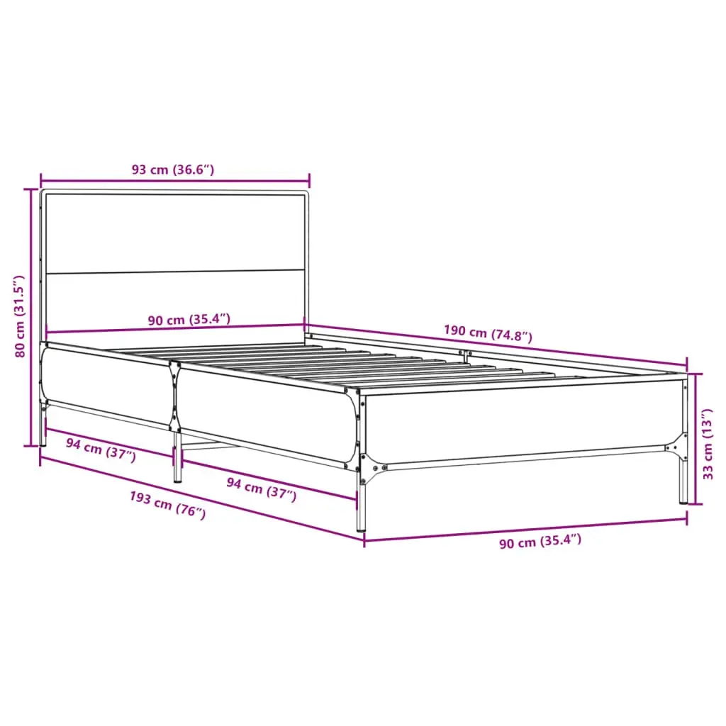 Bed Frame Engineered Wood 90x190cm Black with Metal Legs Plywood Slats and Headboard