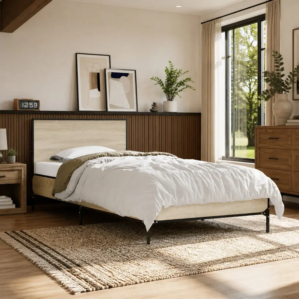 Bed Frame Single 90x190cm Brown Wooden Slats Headboard Support Sleep Furniture