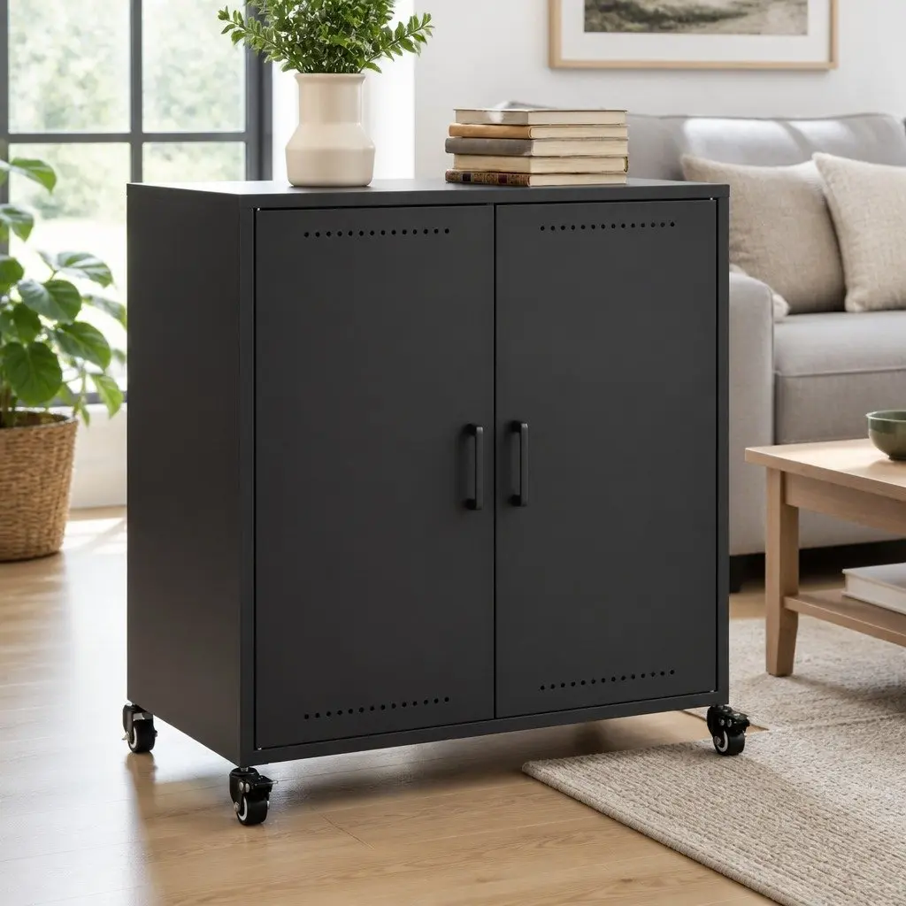 Sideboard Black Storage Cabinet Elegant Furniture Wheels Durable Steel Organiser