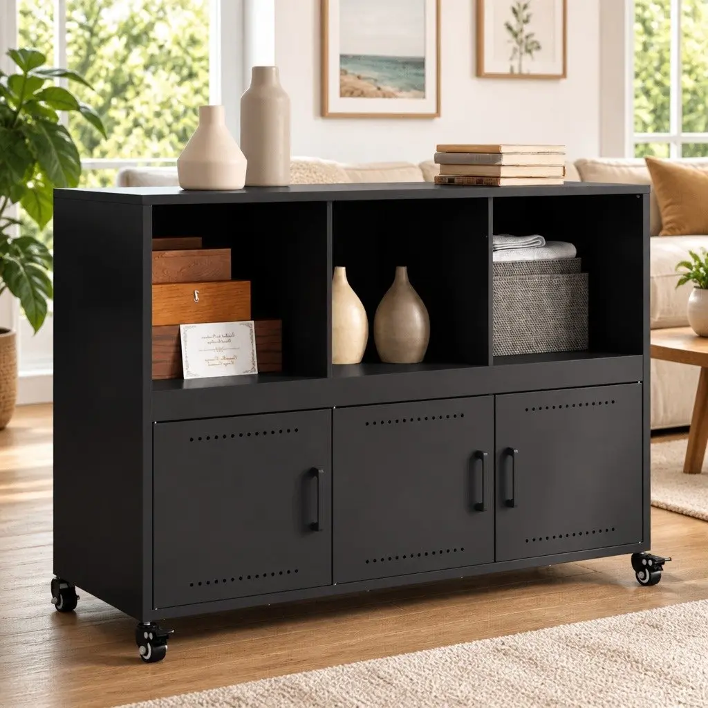 Sideboard Steel Black 100.5 x 39 x 72 cm Storage Cabinet with Wheels
