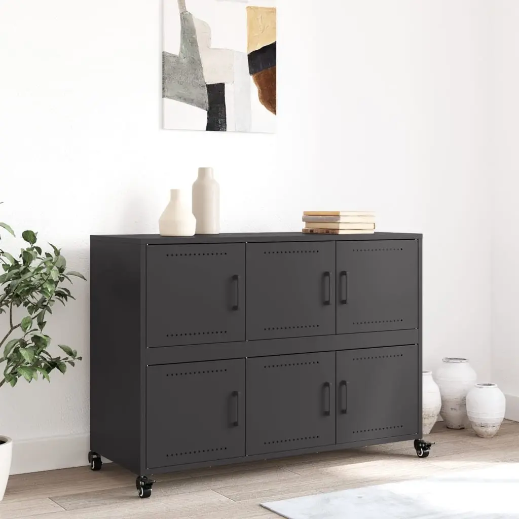 Sideboard Black Storage Cabinet 100.5x39x72 cm Steel Wheels Shelves Furniture