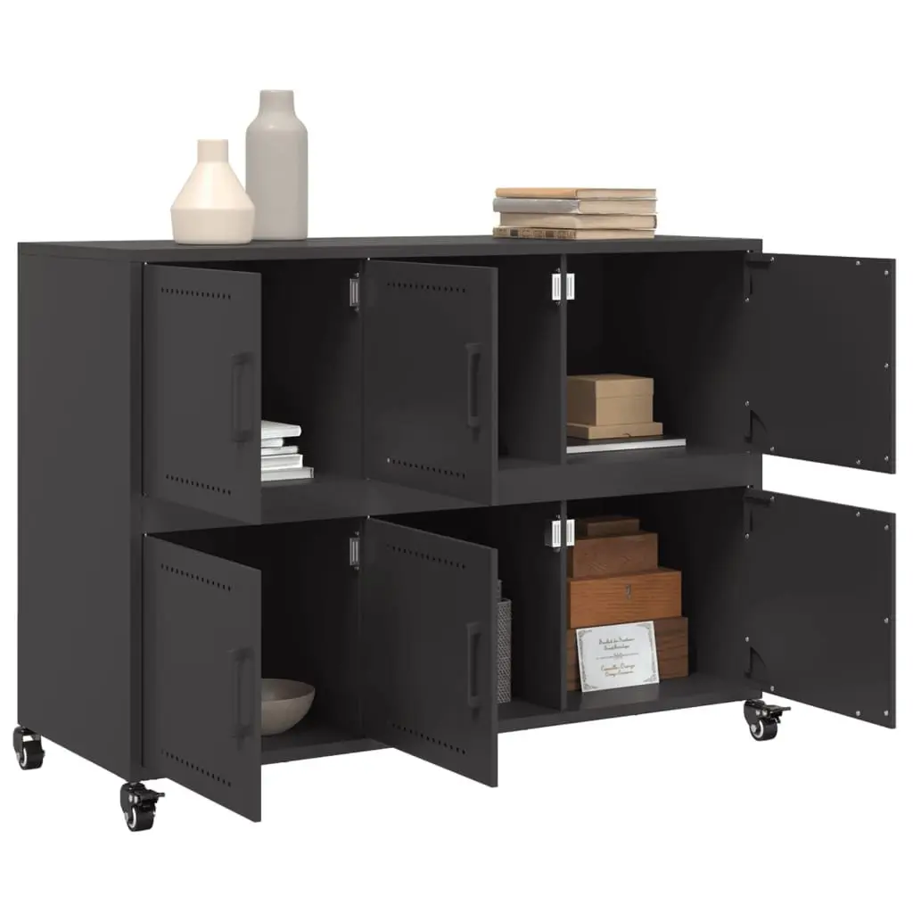 Sideboard Black Storage Cabinet 100.5x39x72 cm Steel Wheels Shelves Furniture