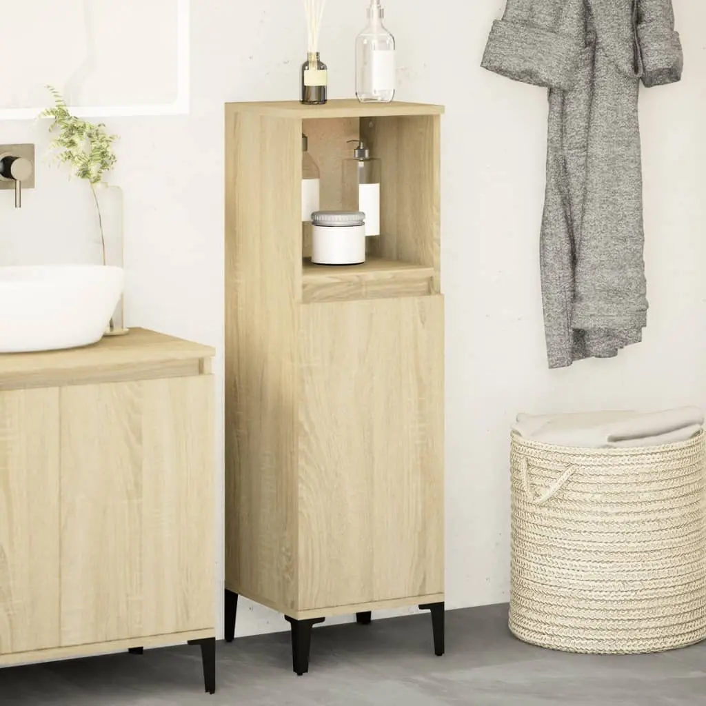 Bathroom Cabinet Engineered Wood Brown 100cm Height 30cm Width 30cm Depth Storage Cupboard with Open Compartment and Doors